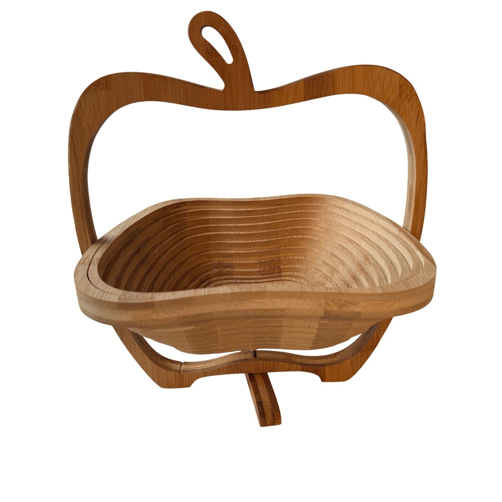 Bamboo Apple Shaped Folding Fruit Basket Collapsible Wooden Trivet Bowl 10 Inch